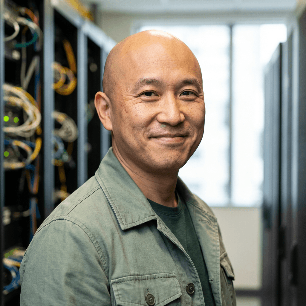 Male healthcare administrator in his late 30s, East Asian, thoughtful and analytical appearance appropriate for clinical technology