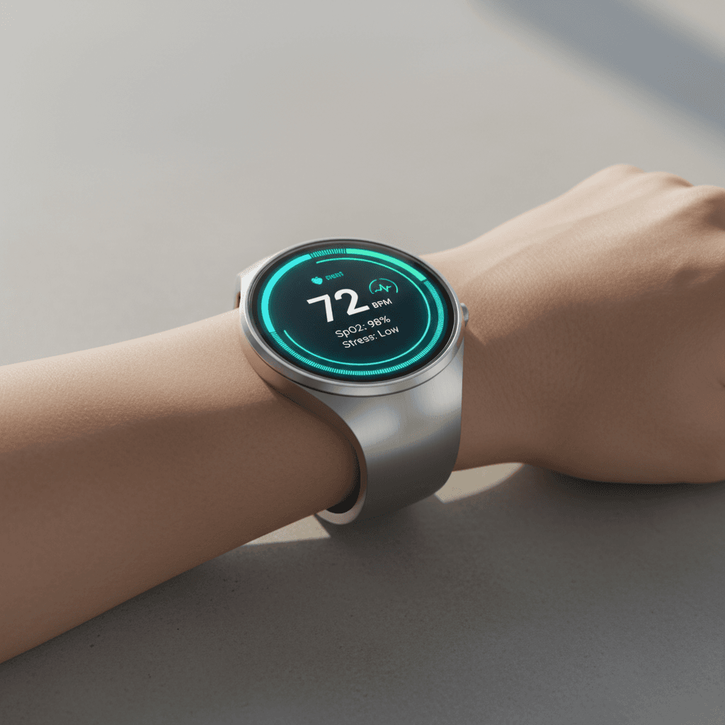 Pregnant woman wearing a wearable monitoring device at home