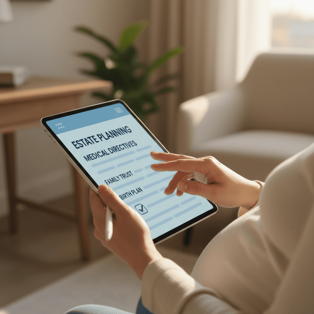 Pregnant woman reviewing health data on a smartphone at home