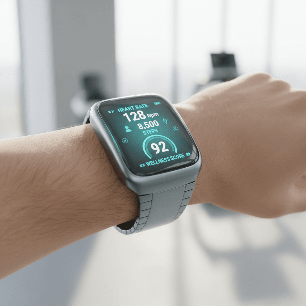 Pregnant woman wearing a smart wearable on her wrist while checking her phone at home