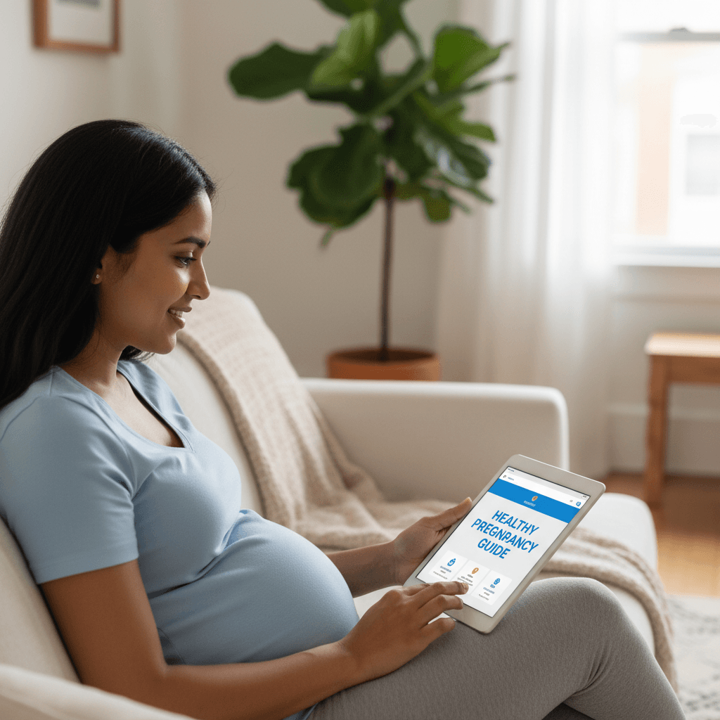 Pregnant woman seated on sofa reviewing pregnancy information on tablet device with natural window lighting and comfortable home setting