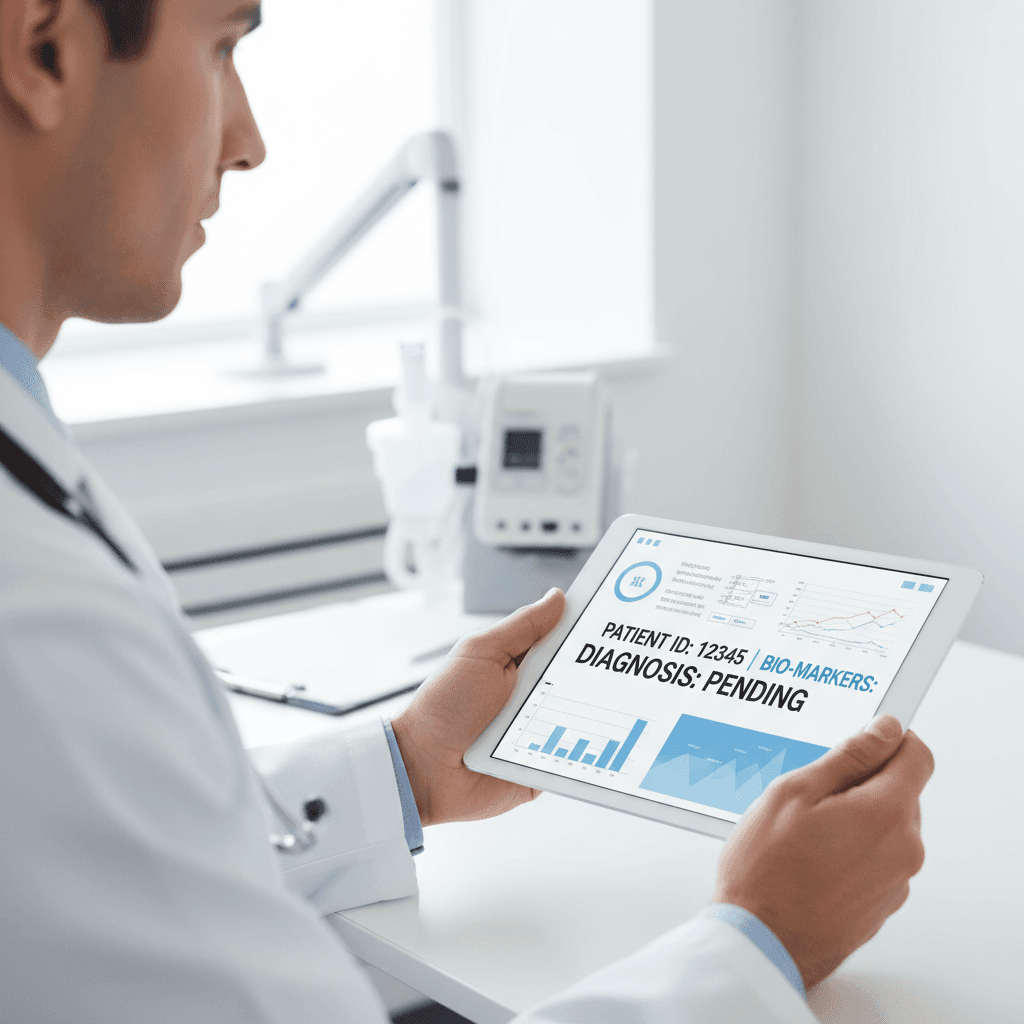 Clinician reviewing maternal health data with a pregnant patient in a modern clinic